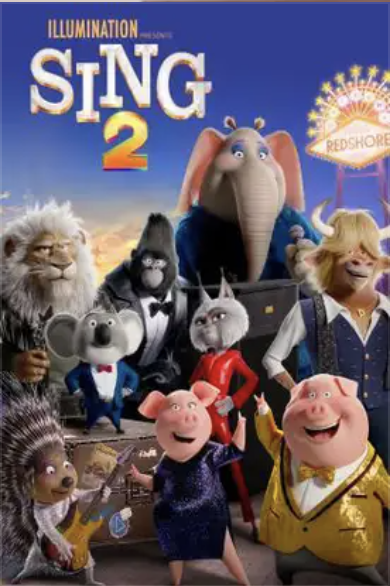 the cover of sing 2 which shows various animals dressed as musical performers. it is animated.