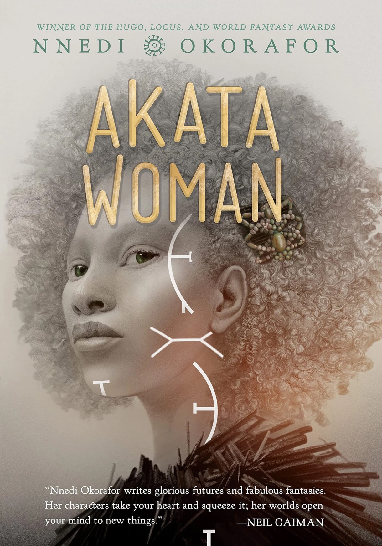 cover of Akata Woman featuring a Black girl in shades of gray with some kind of futuristic looking symbols in white on the cover