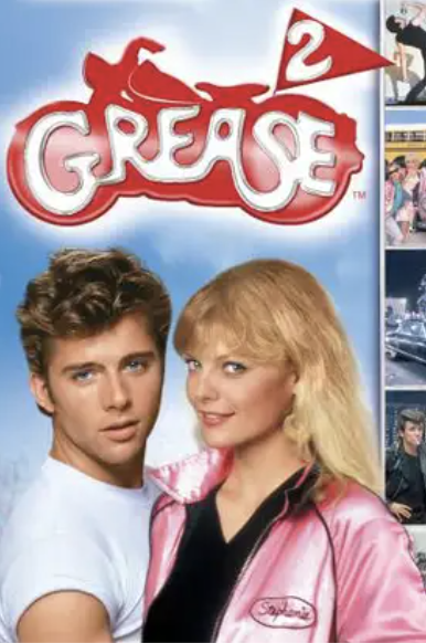 the cover of grease 2 featuring a white blonde greaser guy and a white blonde pink lady girl.