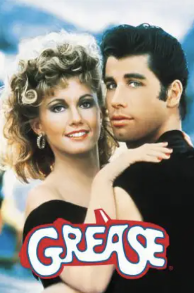 the cover of grease with jon travolta holding olivia newton-john, all decked out in 1950's clothes