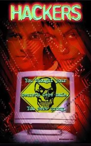 the cover of hackers featuring a vintage 90s computer and an overlay of a motherboard over angelina jolie and another actor