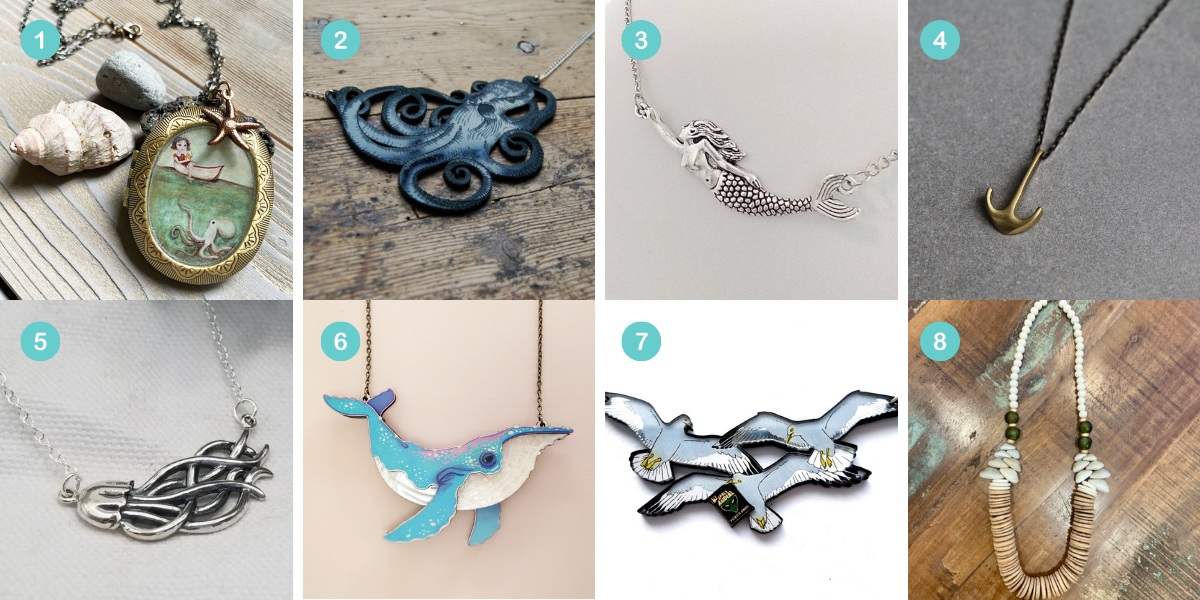 Photo 1: A locket with an image of a woman in a boat and an octopus on it. Photo 2: A large octopus pendant necklace. Photo 3: A mermaid pendant silver necklace. Photo 4: A rope necklace with an anchor chain. Photo 5: A silver jellyfish necklace. Photo 6: A necklace with a large sparkly blue whale pendant. Photo 7: A necklace with a pendant shaped like three seagulls fighting over a bag of chips. Photo 8: An off-white chunky bead necklace.