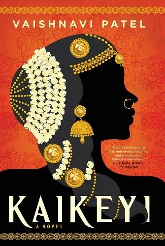 Cover of Kaikeya showing a silhouetted 
 figure wearing elaborate jewelry that is illustrated in whites and golds
