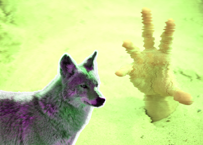 There is a background of a hand desperately reaching out of sand. It is wavy like a bad VHS tape. In the front a fierce coyote looks on.