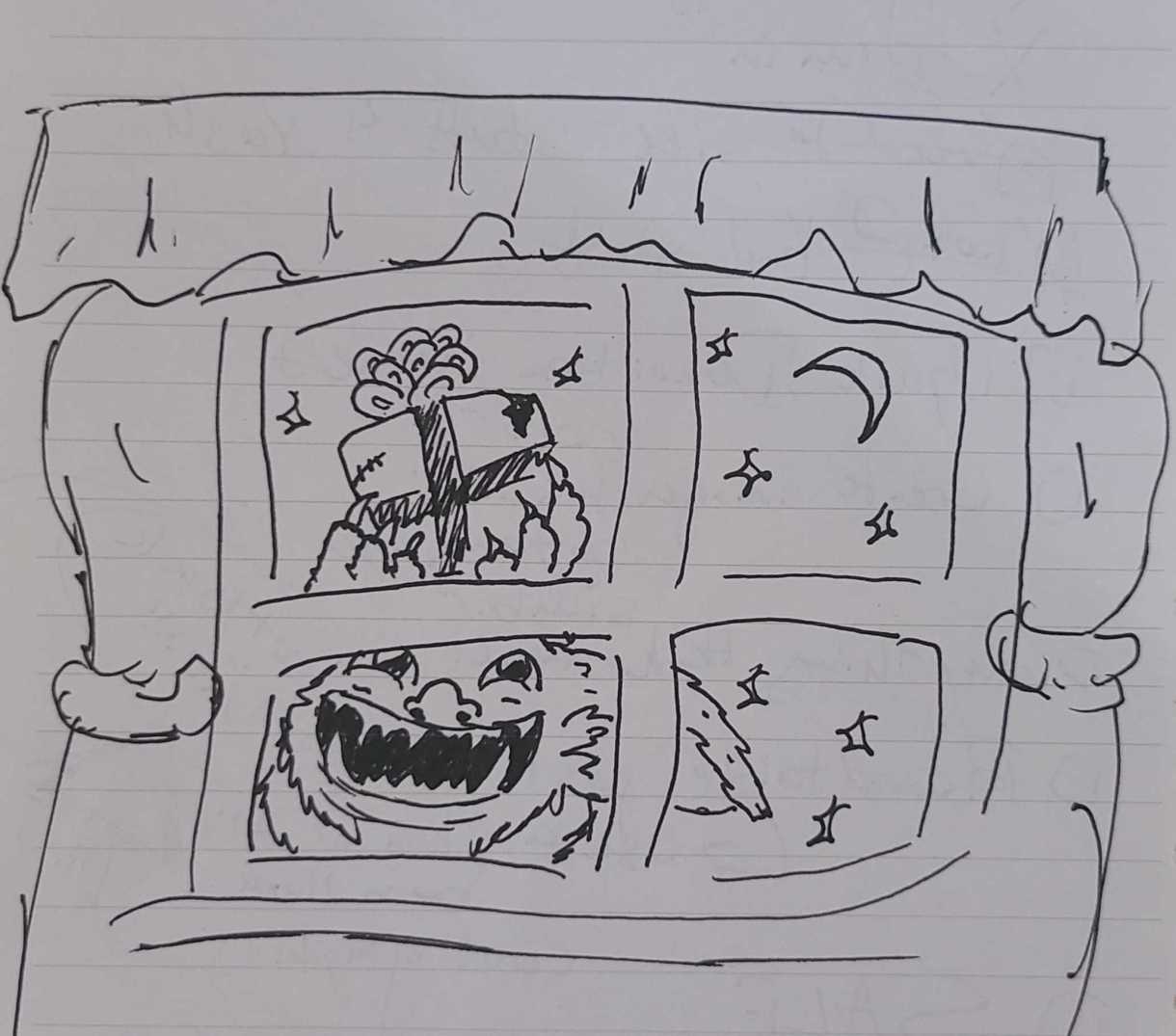 A doodle on lined paper of a bedroom window through which a night sky can be seen, so indicated because of various stars in it. On the other side is a hairy, sharp-toothed, cute and delighted monster who has brought you a gift-wrapped gift!