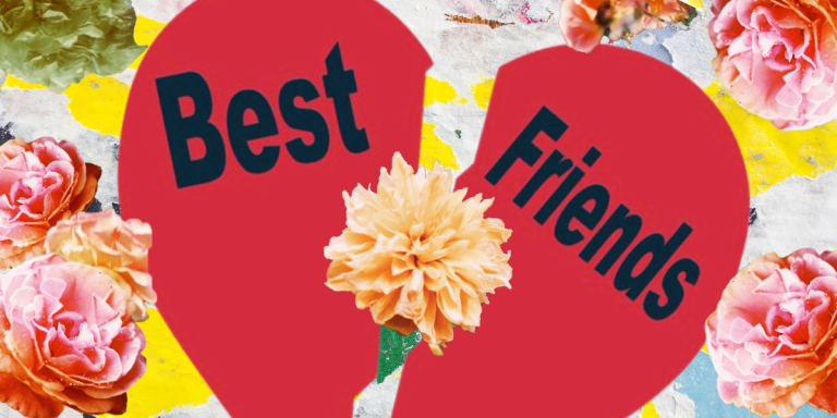 A broken heart with the words Best Friends inside it, surrounded by flowers.