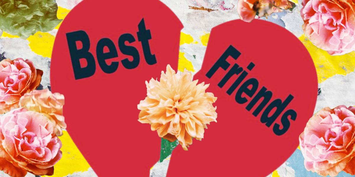 A broken heart with the words Best Friends inside it, surrounded by flowers.