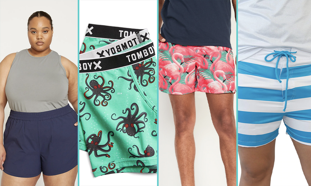 Photo 1: A Black woman wears a gray tank and dark blue swim shorts. Photo 2: Tomboyx octopus patterned swim trunks. Photo 3: Flamingo printed swim trunks. Photo 4: White and blue striped swim trunks.