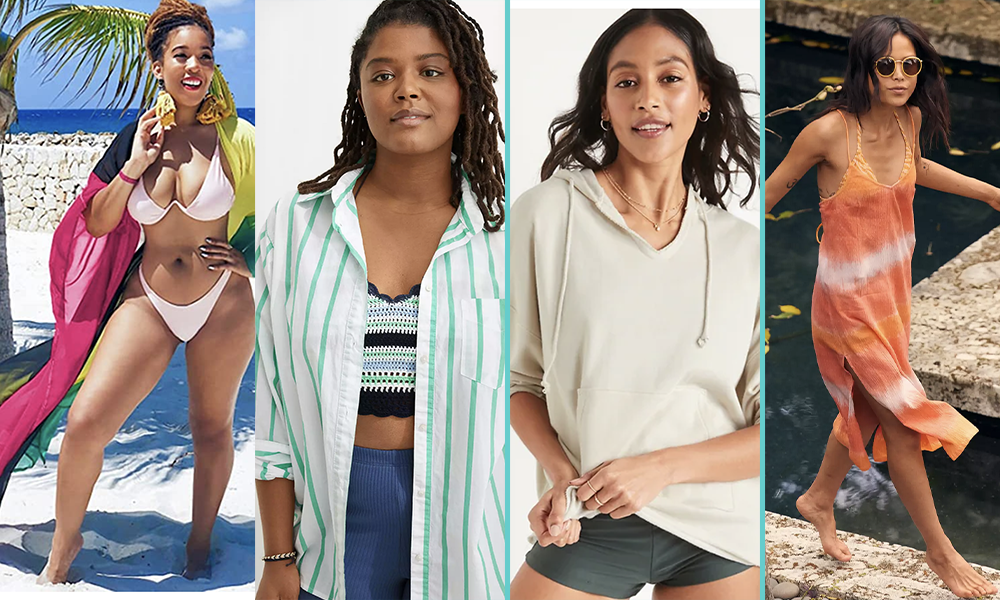 Queer Swimwear 2022: Photo 1: A Black woman wears a pink bikini and a colorblocked chiffon coverup. Photo 2: A Black woman wears a knit tank and a white and seafoam striped buttondown shirt over it. Photo 3: A tan hoodie. Photo 4: An orange and white tie-dye swim coverup dress.