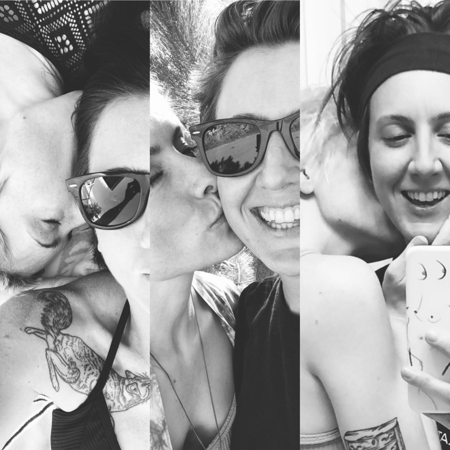 three photos of Laneia kissing Amanda on the head, cheek and neck.