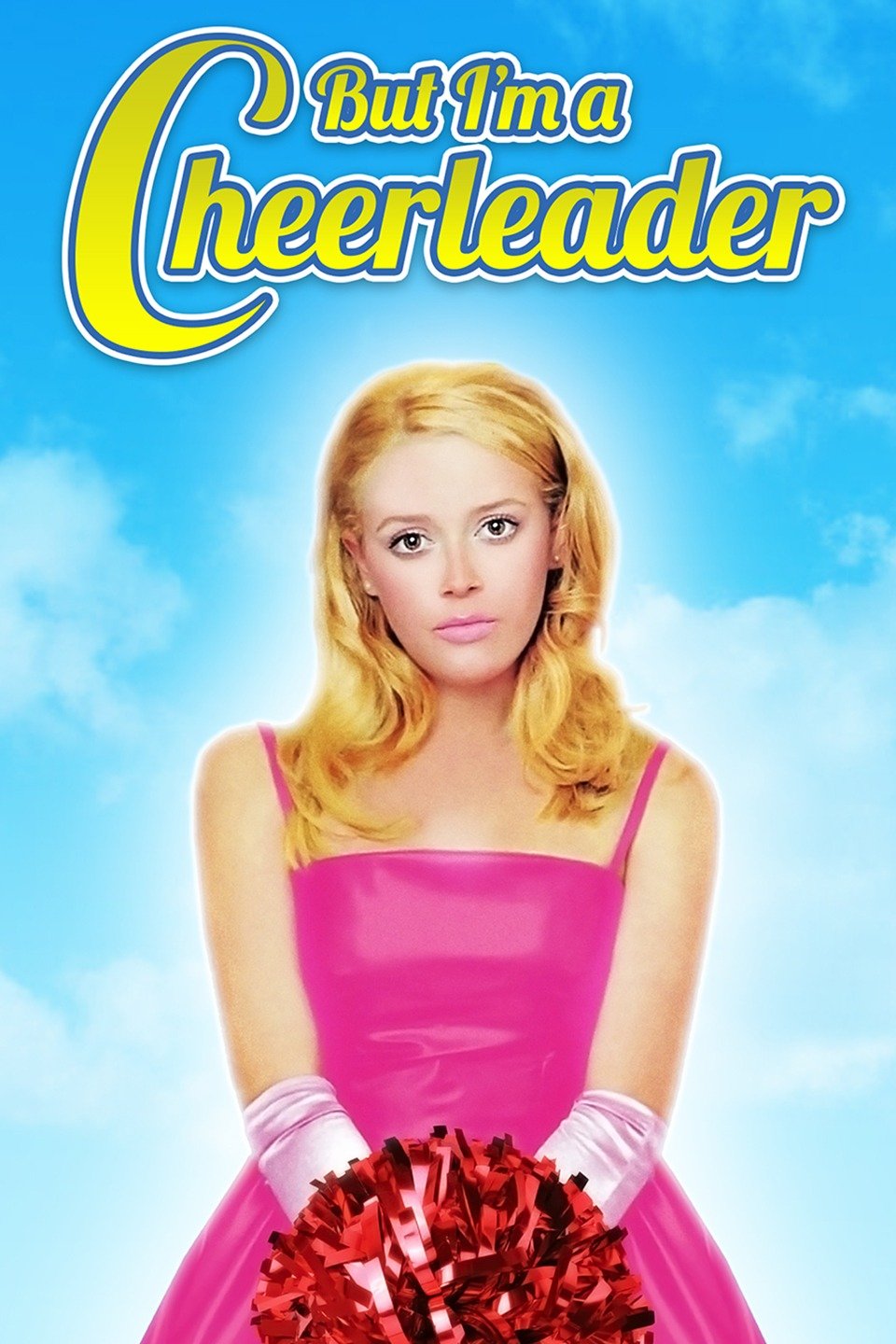the cover of But I'm a Cheerleader showing natasha lyonne in a pink dress holding a pom pom against a bright blue sky