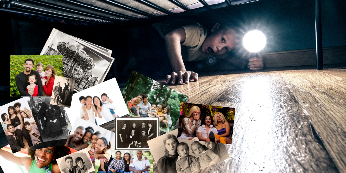 A child peers under a bed with a flashlight to find a huge variety of photos collaged. there are a mixture of old timey black and white photos, family photos, photos of queer groups of friends, and more.