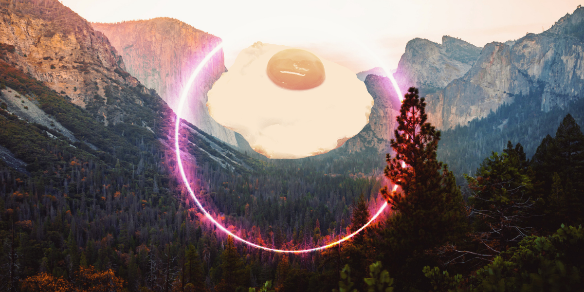 A fried egg hovers ominously, mystically over a forest and mountain terrain, surrounded by a mysterious neon pink circle.