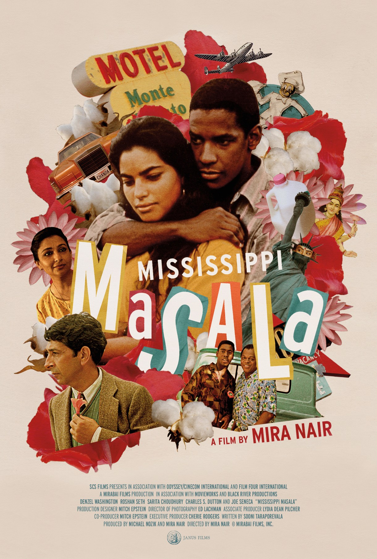 the cover of Mississippi Masala shows the two main characters played by Denzel Washington and Sarita Choudhurry in front of a colorful collage of elements from the film