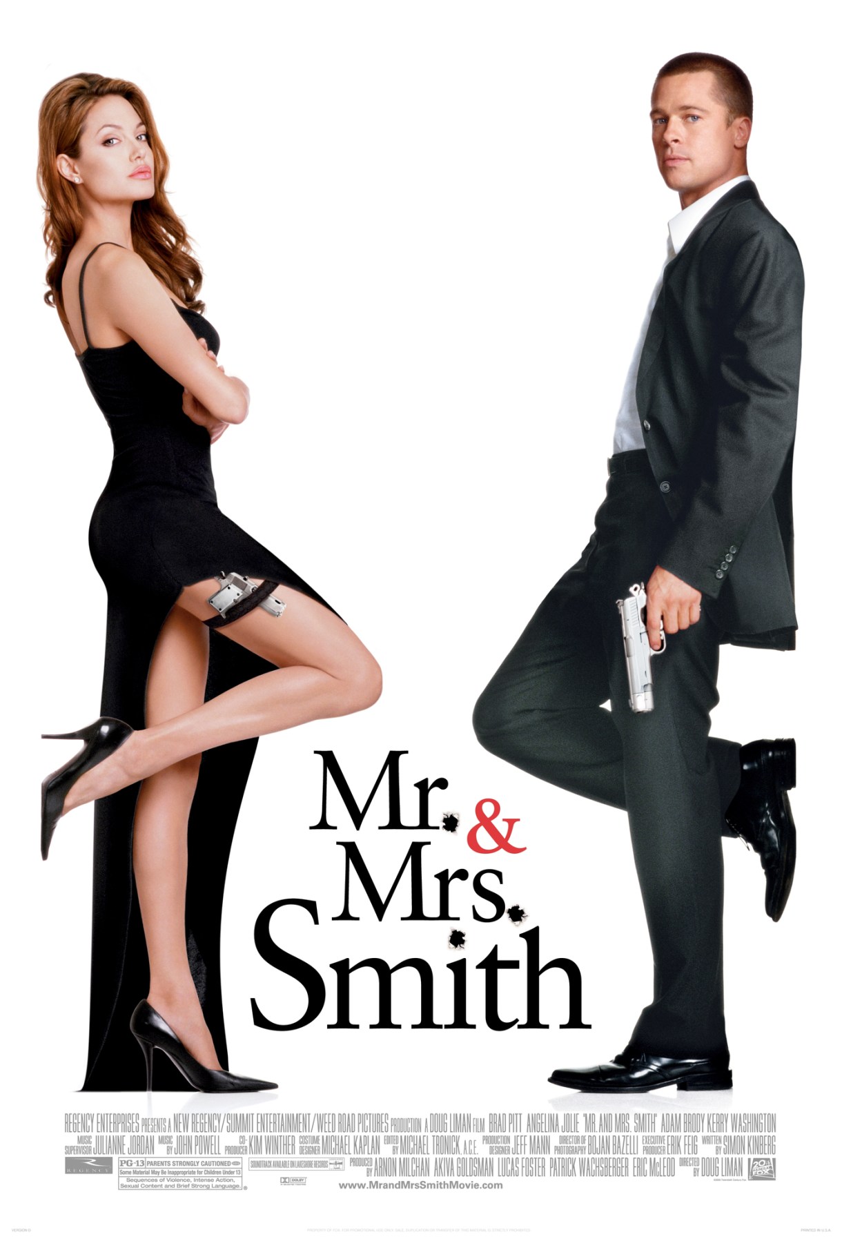 the cover of mr. and mrs. smith shows angelina jolie and brad pitt both leaning sexily, jolie in a black dress, pitt in a suit, each of them displaying a gun.