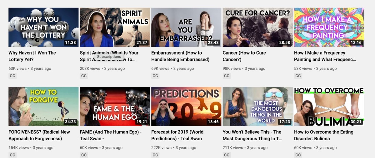 A collection of videos on Teal Swan's YouTube pAge