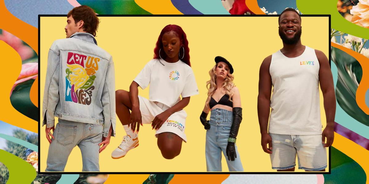 Levis Pride collection: denim jacket, Pride tee, custom corset, tank top