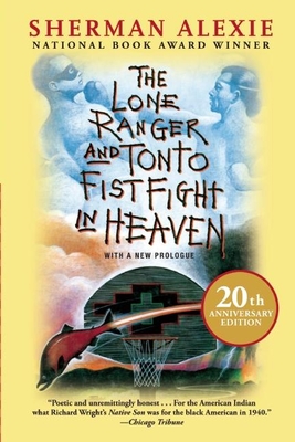 The cover of "The Lone Ranger and Tonto Fist Fight In Heaven" which  has a basketball hoop, rainbow trout, and cloudy depictions of the lone ranger and tonto boxing in heaven up in the sky.