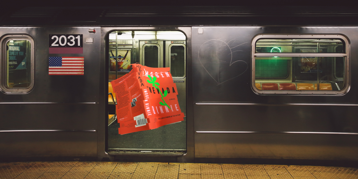 A subway car's door is open, and inside it is a pixelated image of Nevada by Imogen Binnie