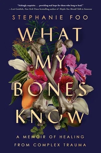 The cover of Waht My Bones Grow which shows crossed bones over a backdrop of flowers.