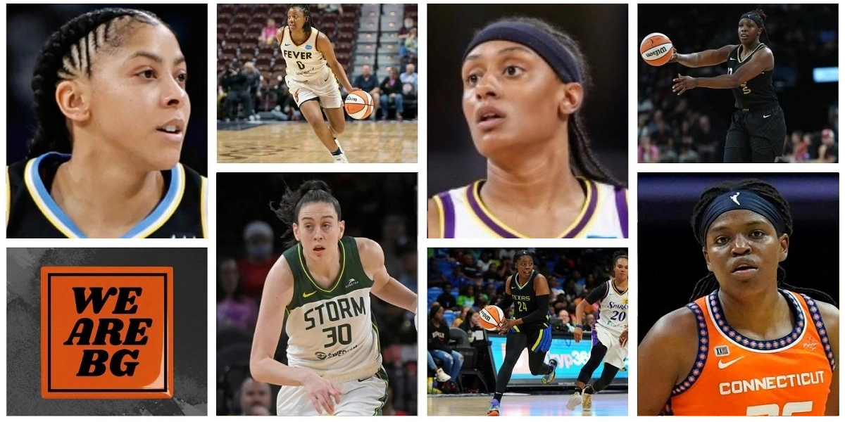 WNBA Feature Image includes Candace Parker, Kelsey Mitchell, Breanna Stewart, Brittney Sykes, Arike Ogunbowale, Chelsea Gray and Jonquel Jones. Also feautres the