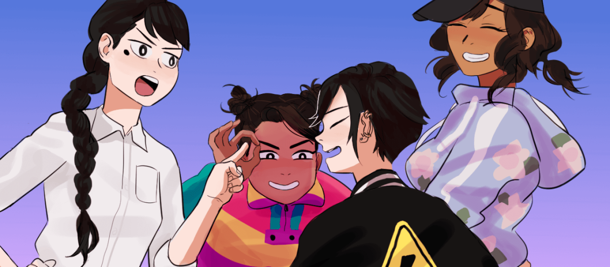 screenshot of the game butterfly soup where four asian high school girls are laughing in a group together