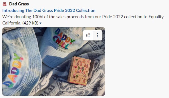 a preview image of Dad Grass's post about their pride collection. "Introducing The Dad Grass Pride 2022 Collection. We're donating 100% of the sales proceeds from our Pride 2022 collection to Equality California. It features a bucket hat with "Daddy" emboridered on it and a baseball cap that says "Daddy Chill"