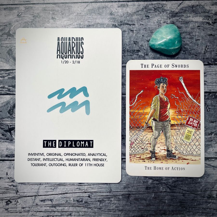 Left Card: Aquarius, the diplomat, INVENTIVE, ORIGINAL, OPINIONATED, ANALYTICAL, DISTANT, INTELLECTUAL, HUMANITARIAN, FRIENDLY, TOLERANT, OUTGOING, RULER OF 11TH HOUSE  Right Card: The Page of Swords is a curvy brown woman with a sword and a red t shirt breaking through the border wall with a sword. Underneath it says “the home of action