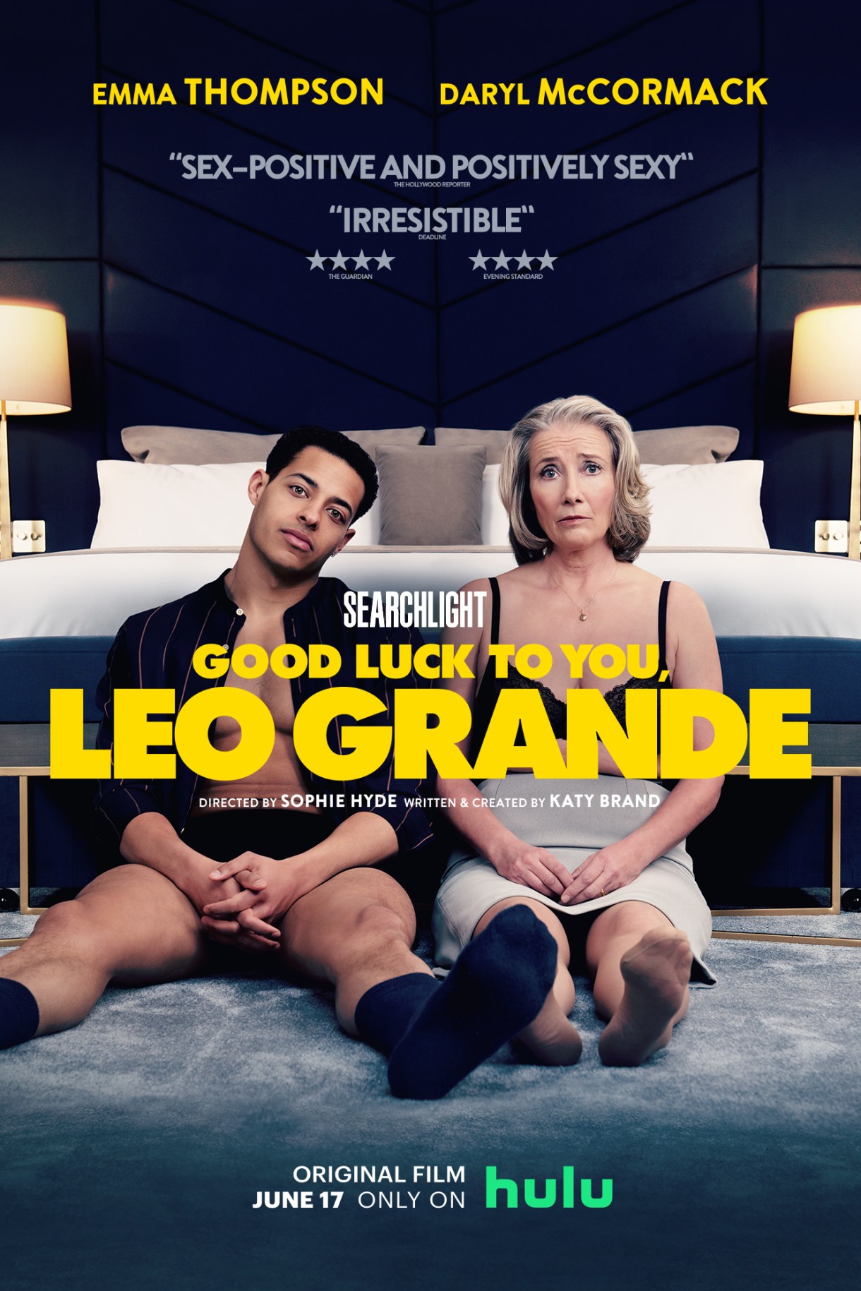 The cover of good luck to you, leo grande, with emma thompson and daryl mccormack in front of a bed in some state of undress looking beleaguered
