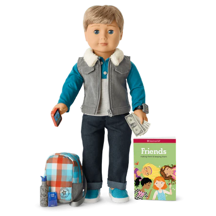 This is a white, blue eyed, blonde haired american girl doll with short hair wearing a long-sleeved polo, a vest, jeans, shoes that look like vans, holding a cell phone and money. the accessories are books called "friends", a plaid backpack, water bottle and what looks like a smaller book.
