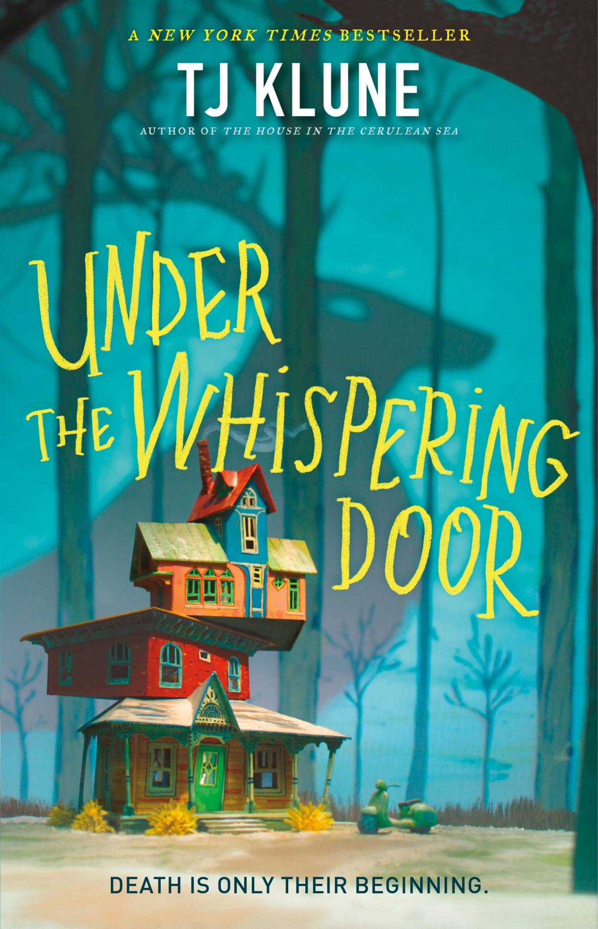 The cover of "Under the Whispering Door" which has an illustration of an oddly stacked house located within a forest with the shadow of a deer in the background.