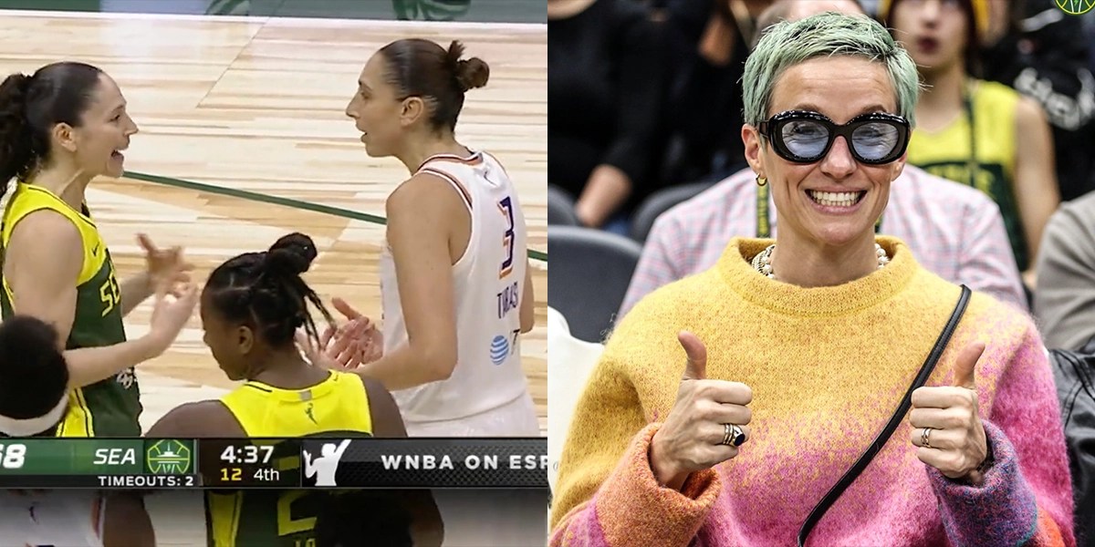 Sue Bird and Diana fighting, Megan Rapinoe giving a thumbs up