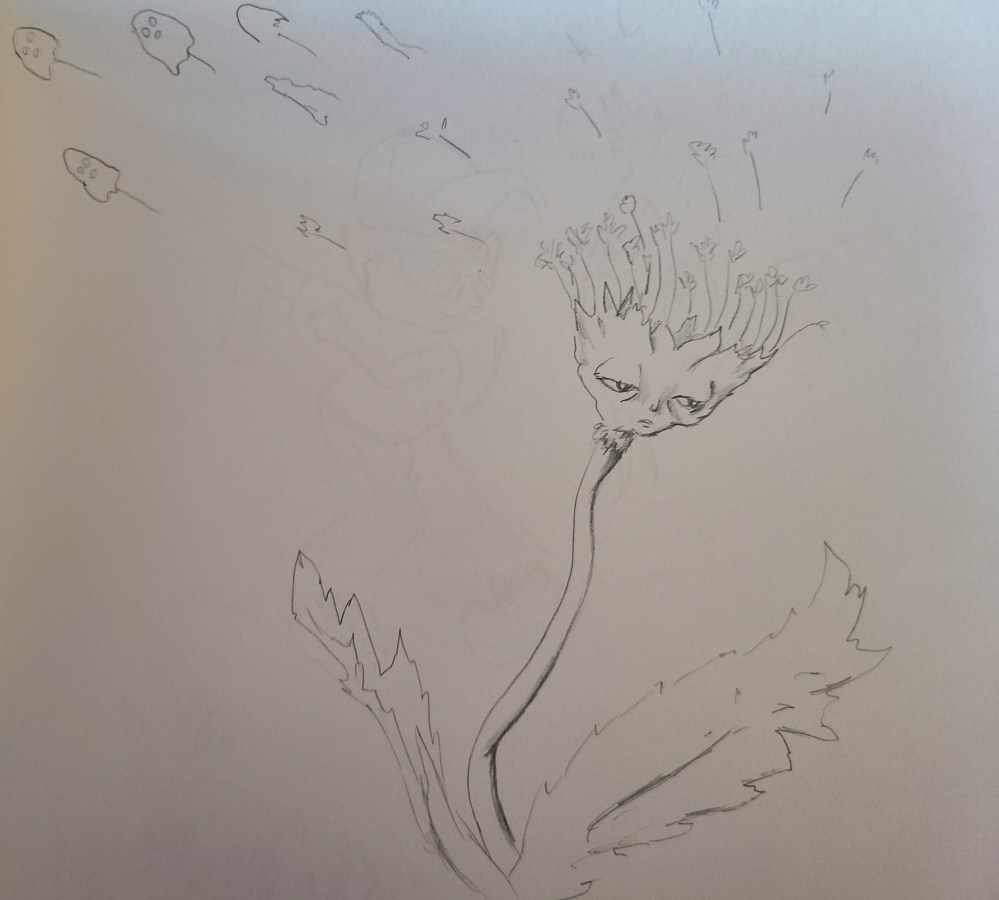 a sketch of a cartoon dandelion, looking tired. it leans to the side, eyes growing tired and listless, as the fluffy seeds disperse into the air. as they waft away, the seeds become ghosts.
