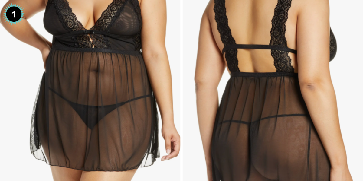 A front and back image of a black mesh babydoll dress with soft cups and a black thong underneath the dress. The back of the dress has lace straps that have a bar of fabric connecting across the shoulders.