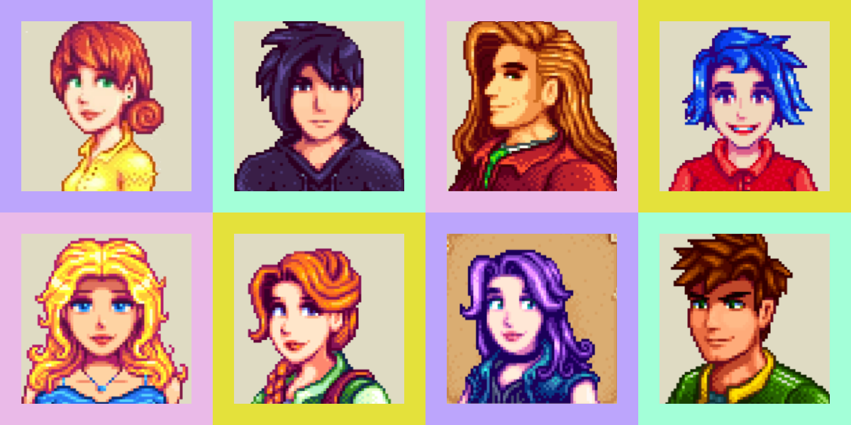 Alex, Elliott, Abigail, Emily, Harvey, Haley, Sam, Leah, Sebastian, Maru, Shane, and Penny from Stardew Valley