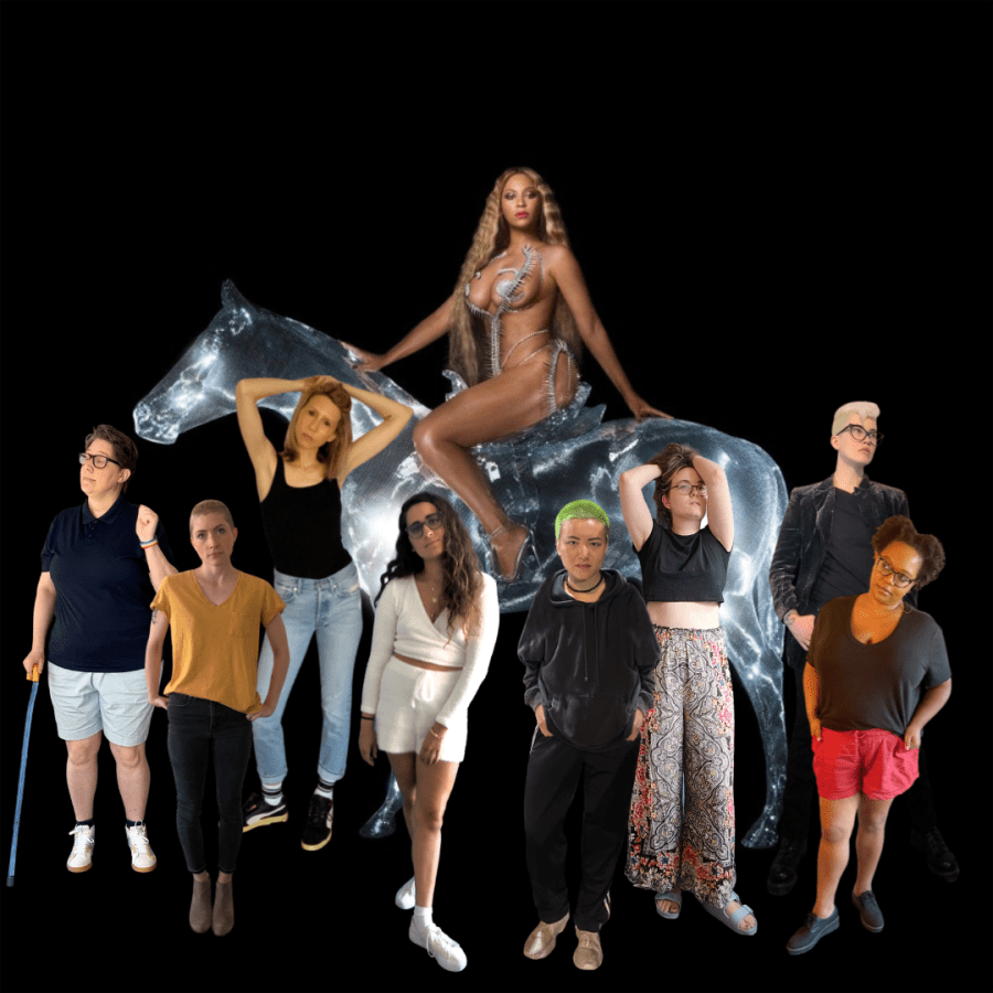 the team - Heather, Laneia, Riese, Kayla, Viv, Anya, Carmen, and Nicole stand in front of the newly iconic image of beyonce on her glass / electric horse. They're all clearly cut out from different photo shoots but it works. Everyone is looking very serious.
