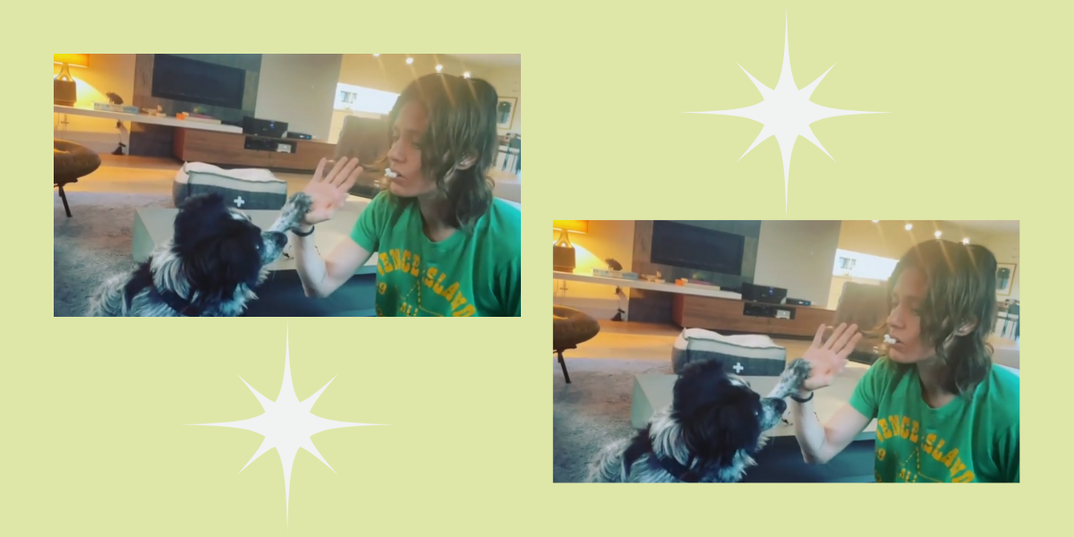 Kate Moennig wears a green shirt and sits on the floor, giving a high five to her dog who is black and white.