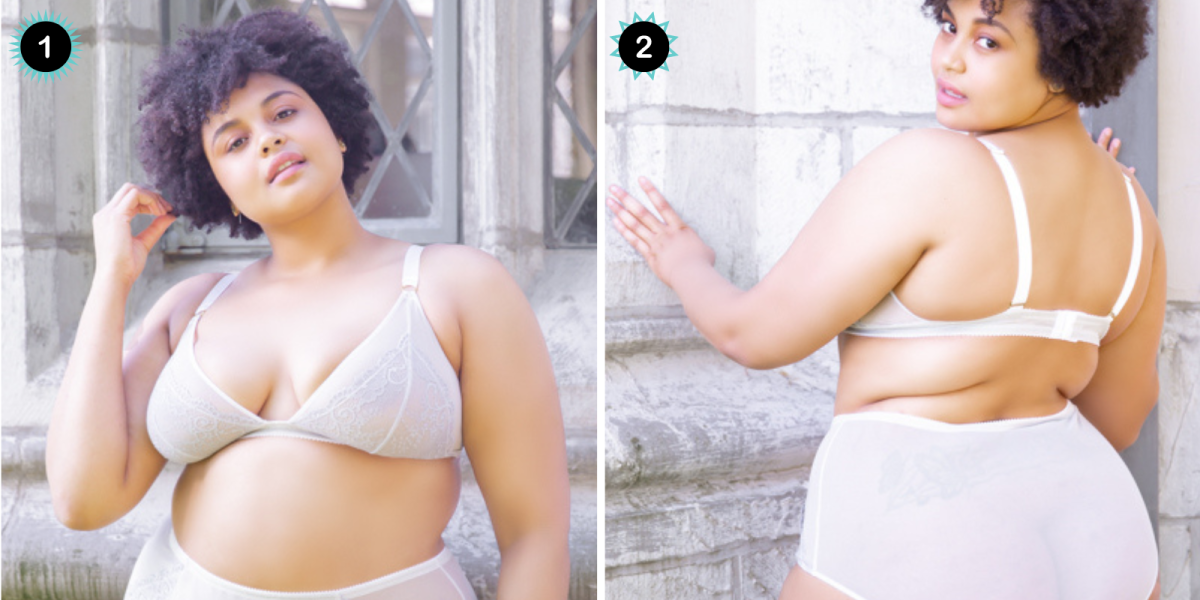 Two photos of the same model, a plus size light skin black woman in lingerie. In the first photo she is facing the camera with her right hand in her afro, showing off a nude colored bra. In the second photo she faces away from the camera, showing off the matching nude high waist panties. 