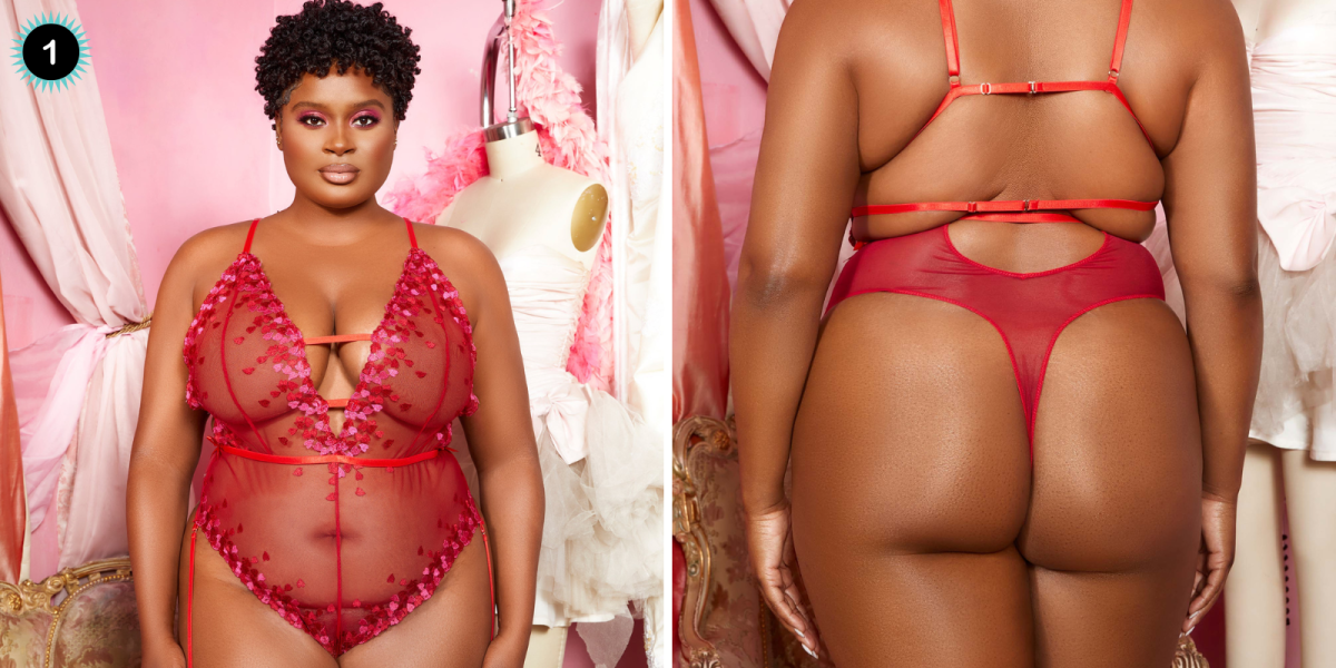 Two images of a plus size Black woman with a short black afro. She is wearing a mesh red teddy with a thong back and pink lace on the edges, the second image is the same woman but from the back — showing that the teddy is connected by red straps and a red mesh thong.