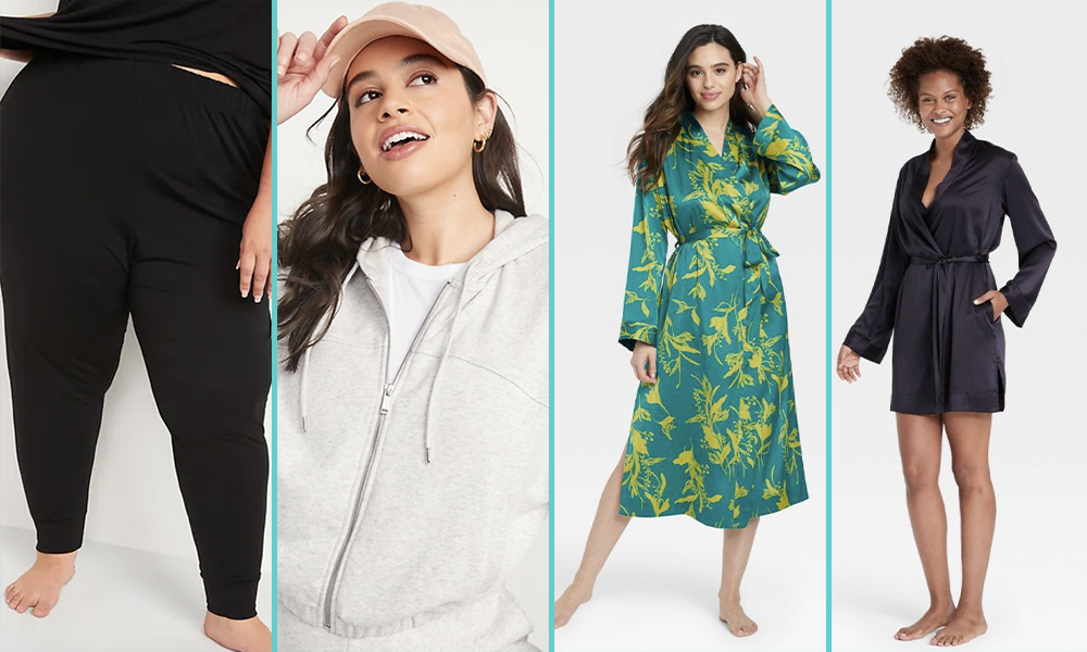 A collage, L to R: a plus size pair of legs in black loose cloth pants, a pink baseball cap on a white woman with long brown hair and an off-white windbreakers, a woman in a blue and light green leaf printed wrap dress with long sleeves, and a black woman with an afro and a navy blue short romper