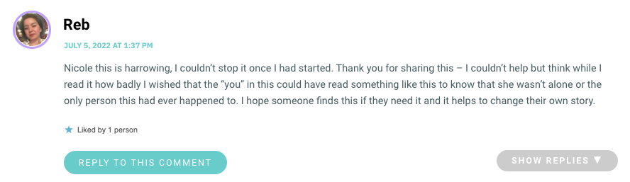 Nicole this is harrowing, I couldn’t stop it once I had started. Thank you for sharing this – I couldn’t help but think while I read it how badly I wished that the “you