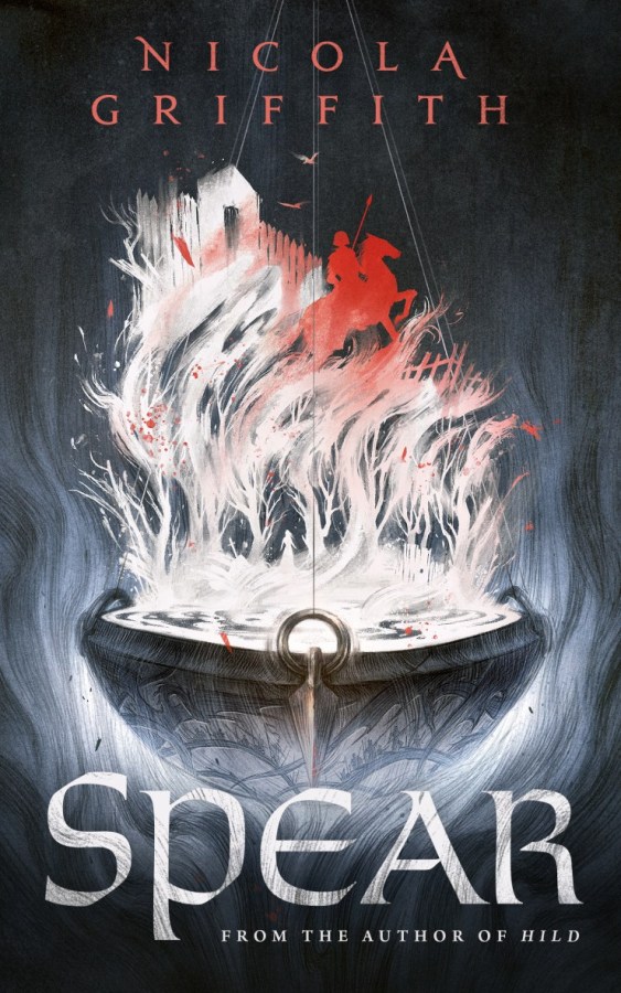the cover of spear featuring a cauldron with a mysterious forest scene rising out of it with a rider on a horse holding a spear at the top