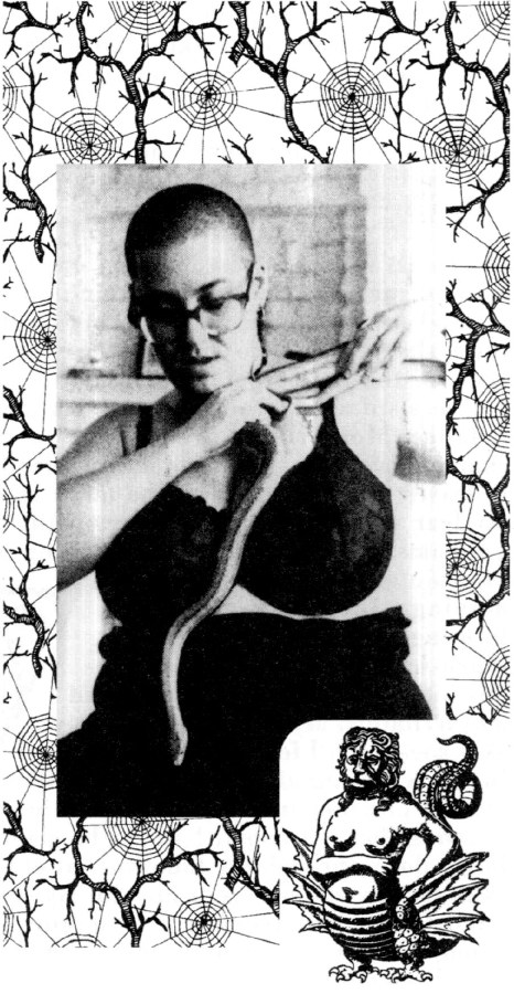 an image from FaT GiRL zine of a fat person with a shaved head handling a snake