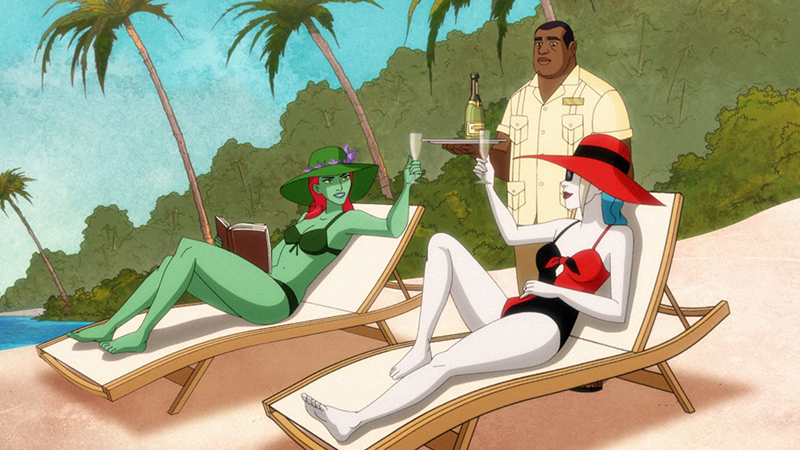 Harley Quinn season 3: Harley and Ivy clink beers while lying on the beach