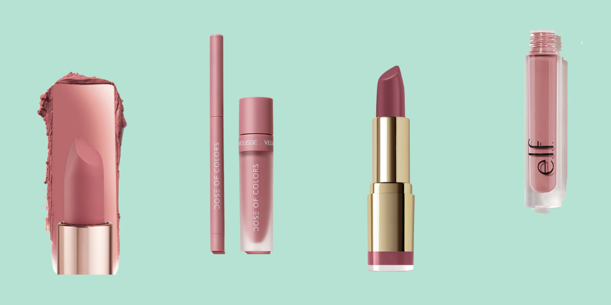 Four lipsticks in rose shades against a mint background