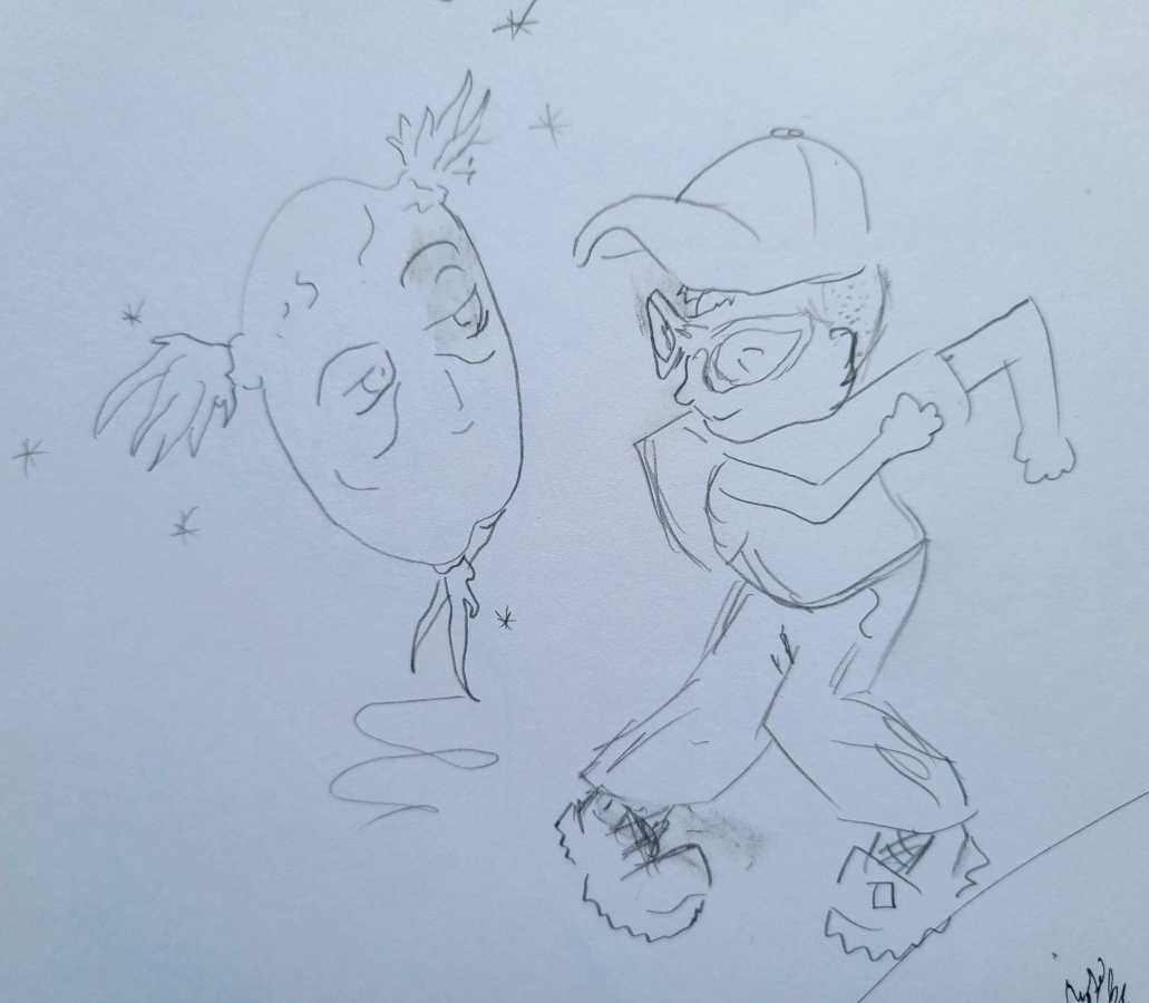 a drawing of nico dancing with a weird potato. nico is kind of swinging their arms and has their boots turned inward and is wearing a trucker hat and glasses and smiling. the potato is dancing on its green growing parts which form both legs and weird little pigtails