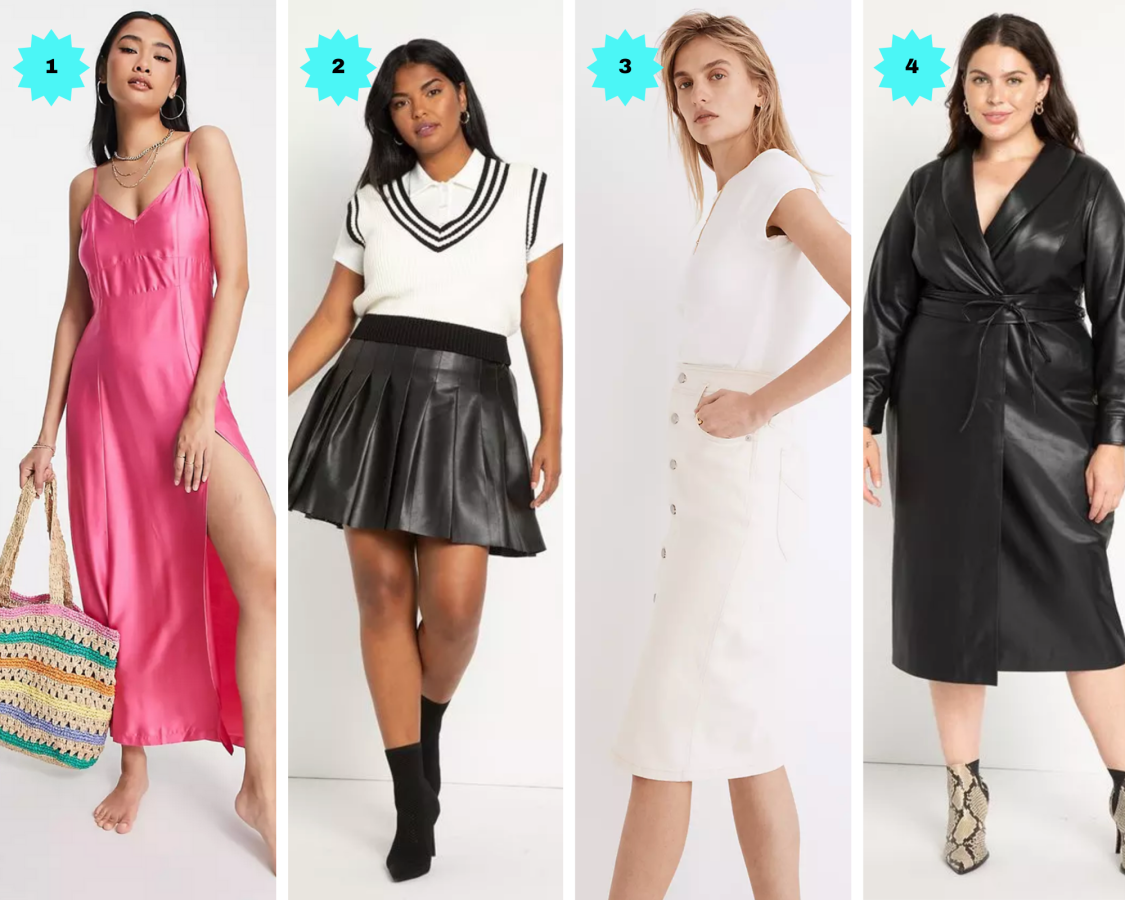 Photo 1: A pink satin maxi dress with slit. Photo 2: A black leather mini skirt. Photo 3: A cream midi skirt. Photo 4: A black faux leather wrap dress.