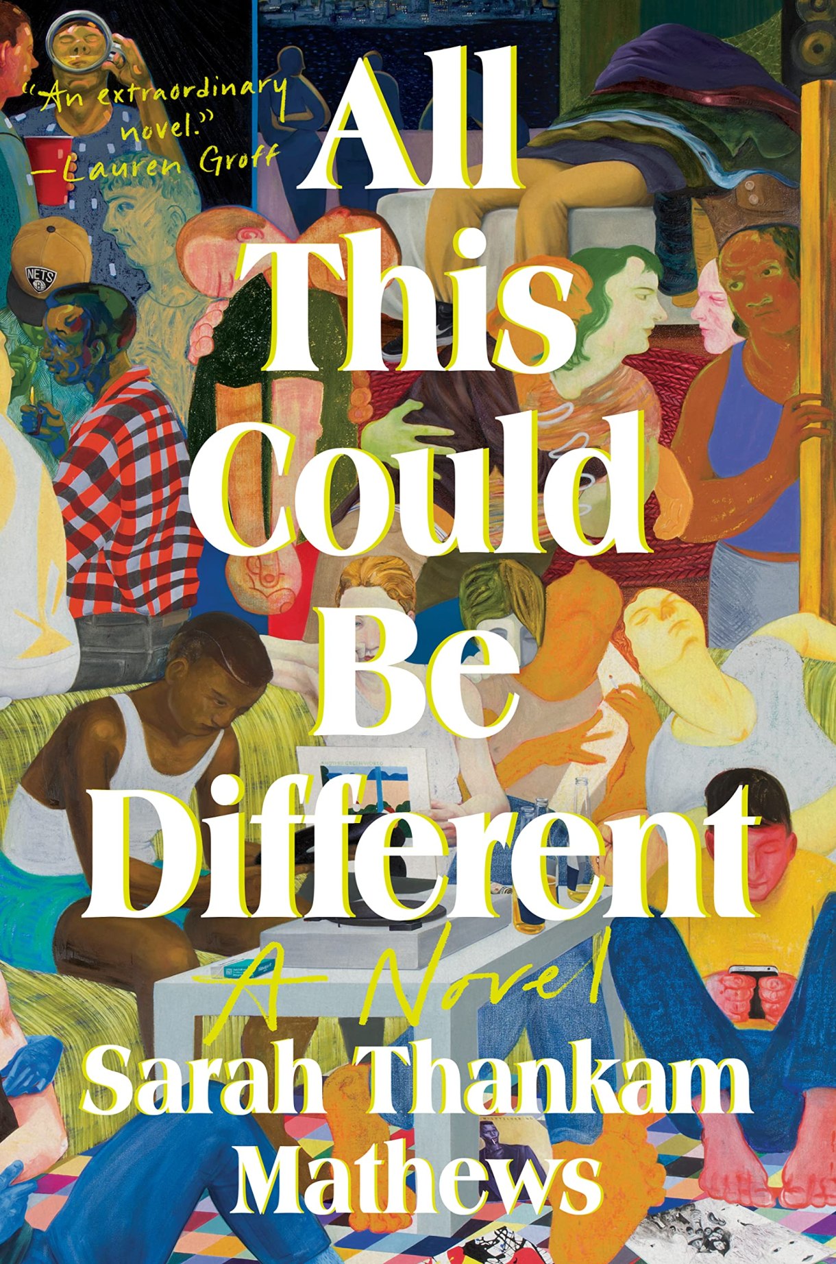 the cover of All This Could Be Different shows the text against a beautiful painting of a diverse group of people 