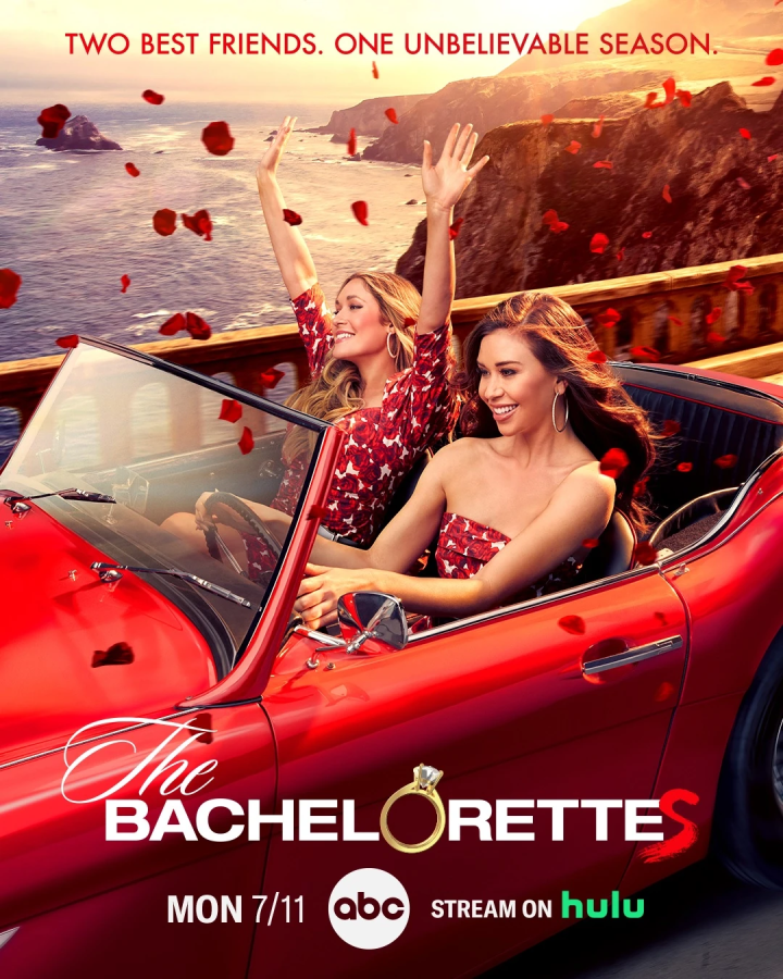 the image for the bachelorette shows two white women in a red convertable