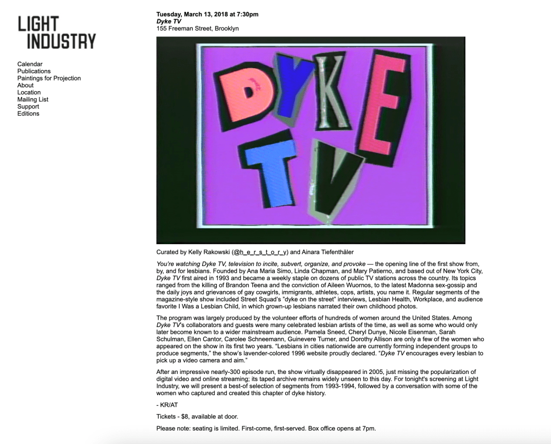 An event posting for a Dyke TV retrospective in Brooklyn in 2018